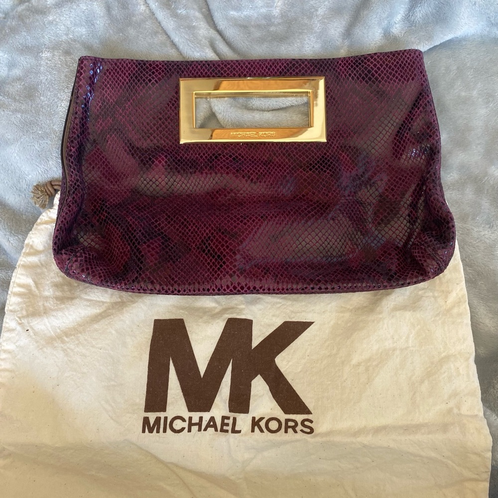 Michael Kohrs Berkley Python Embossed Leather Purple Large Clutch with Dustbag